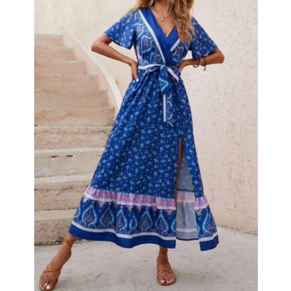 Boho paisley floral print butterfly sleeve slit thigh maxi dress